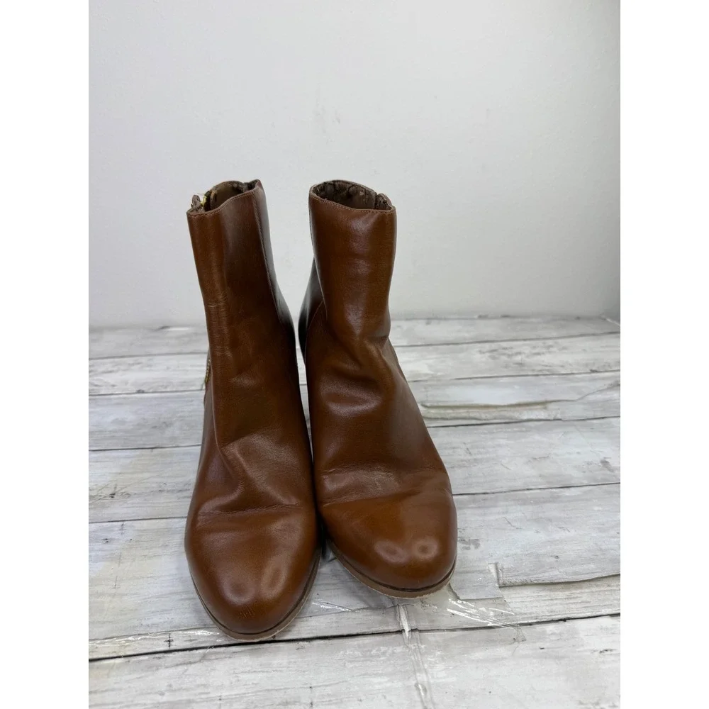 Michael Kors Brown Leather Ankle Boots Block Heel Gold Zip